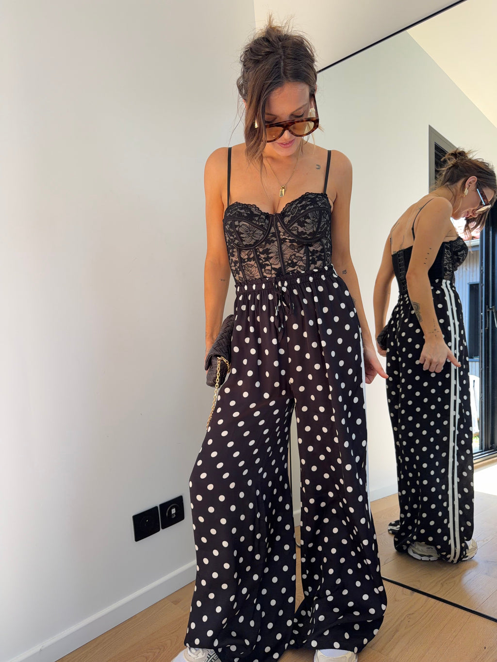 Pantalon en soie fluide à pois - noir