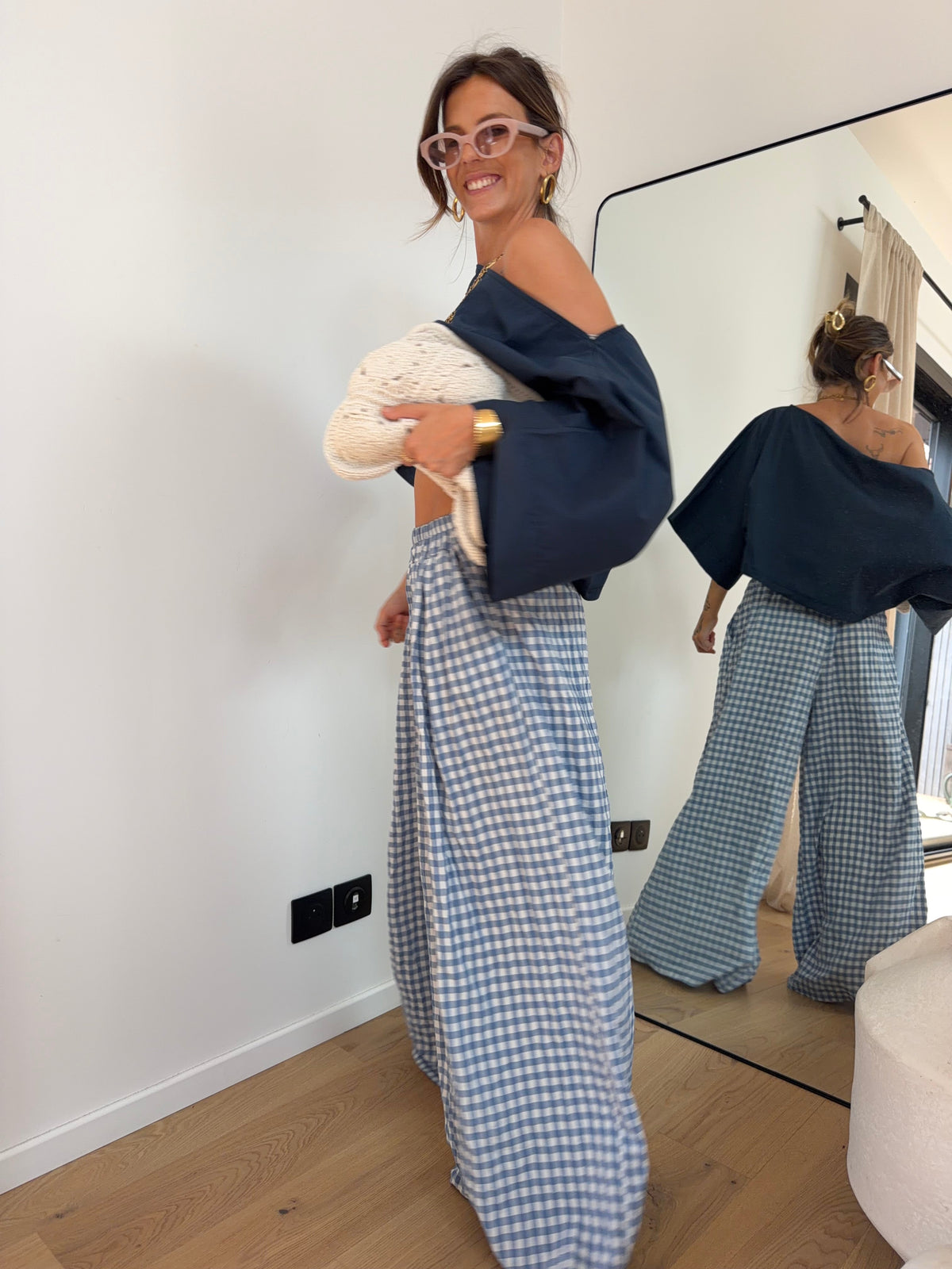 Pantalon large à carreaux - bleu clair